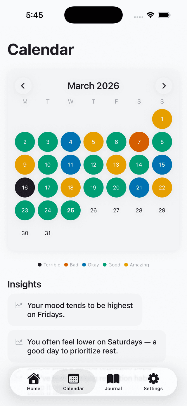 Journal Lock calendar view with mood insights