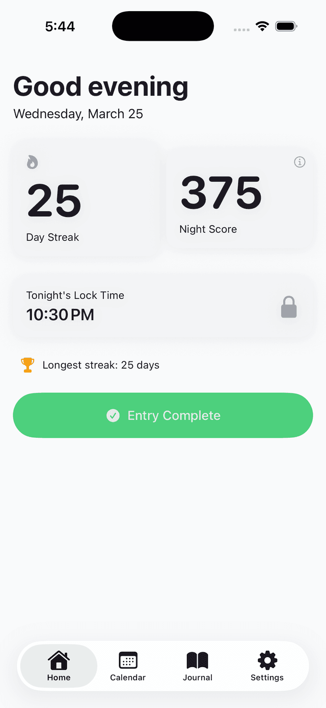 Journal Lock app showing daily streaks and night score